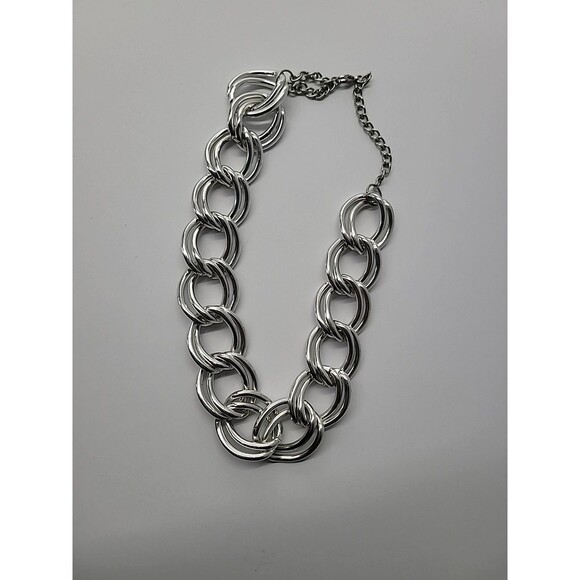 Chunky Silver Tone Link Necklace Oversized Chain Statement Collar - Picture 7 of 10